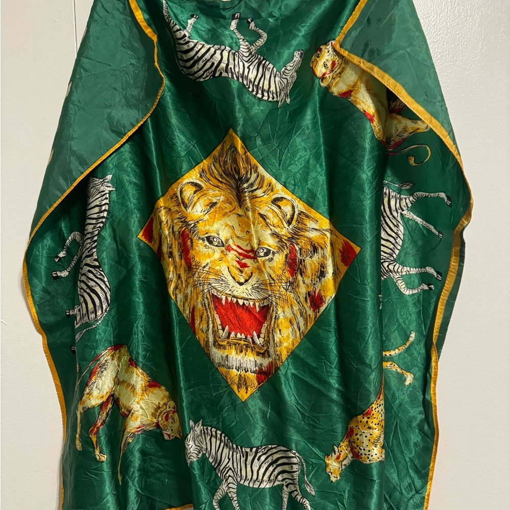 Exotic Green Scarf with Animal Motifs satin